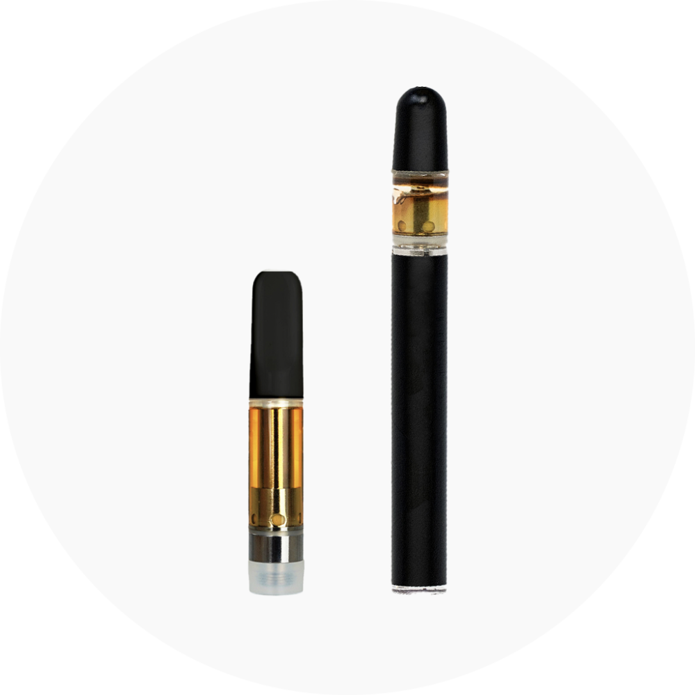 Cannabis vape cartridge and disposable vape on a white background