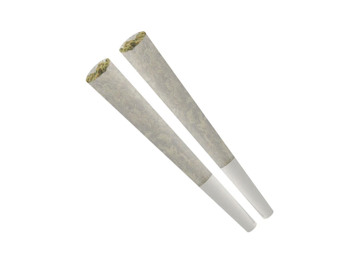 Two cannabis joints on a white background