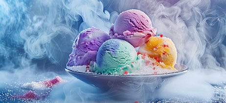 Four colorful scoops of Gelato in a silver bowl surrounded by smoke