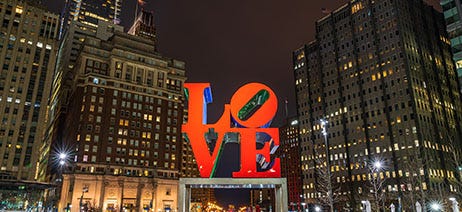 Love sculpture in Love Park in Philadelphia, PA at night