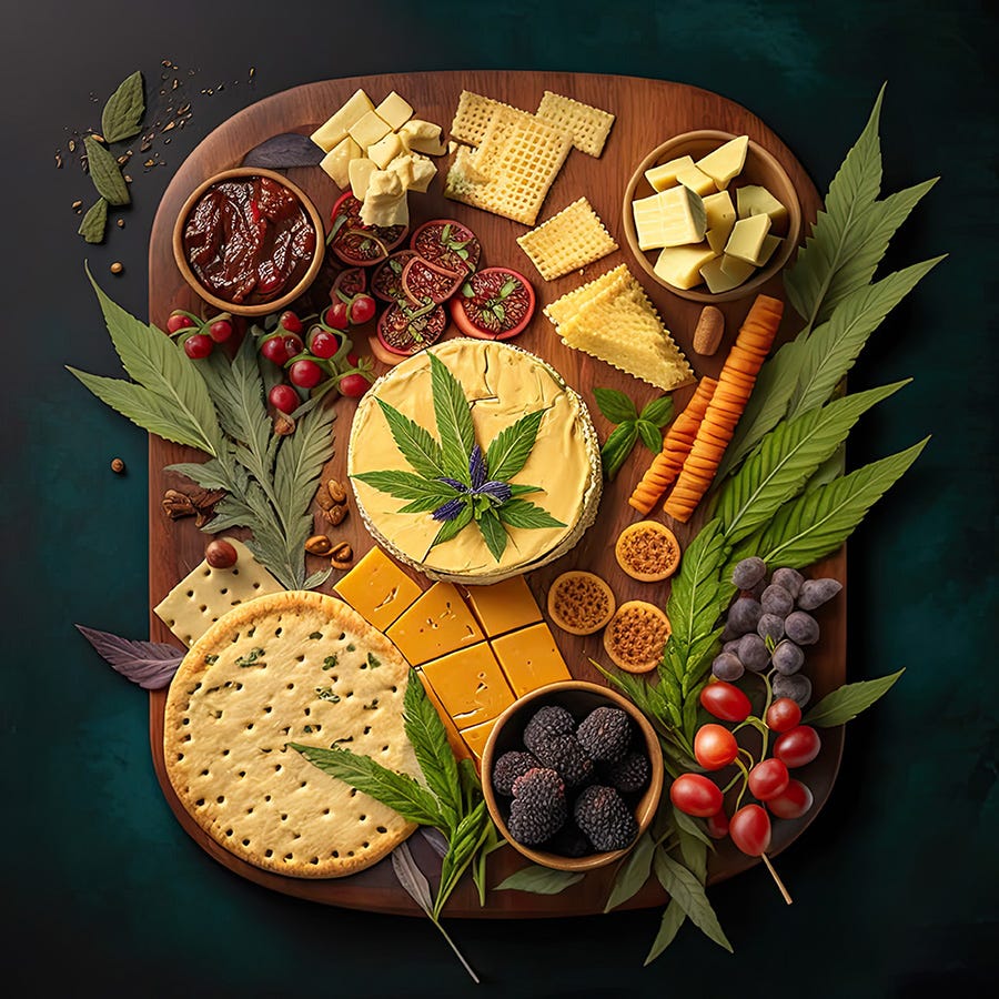 Cheese board with crackers, cheese, veggies, and cannabis leaves