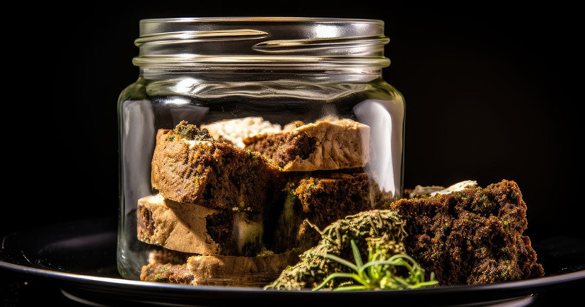 Glass jar filled with marijuana brownies on a plate next to cannabis flower